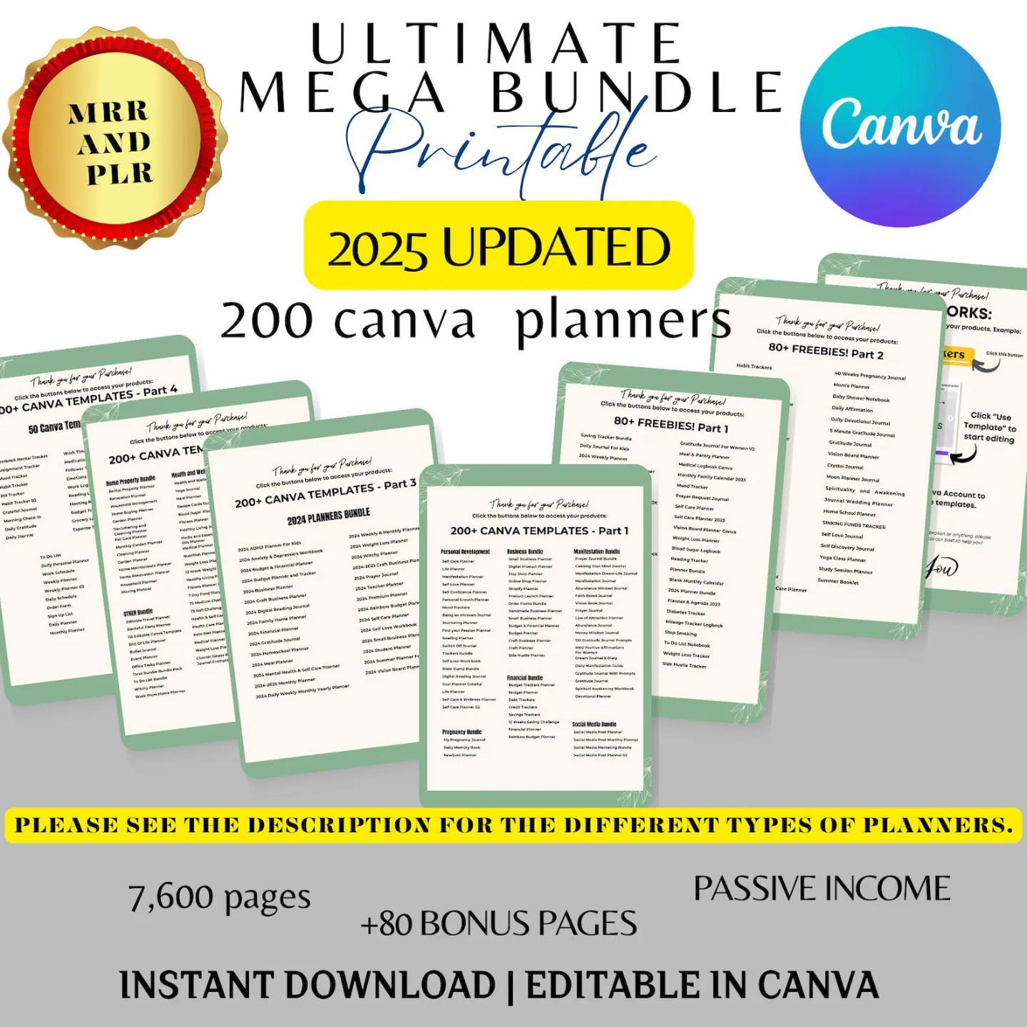 7600+ Pages PLR Canva Template Bundle, 200 Canva PLR Templates, Planners, Journals, Trackers, Printable, Master Resell Rights, PLR Product