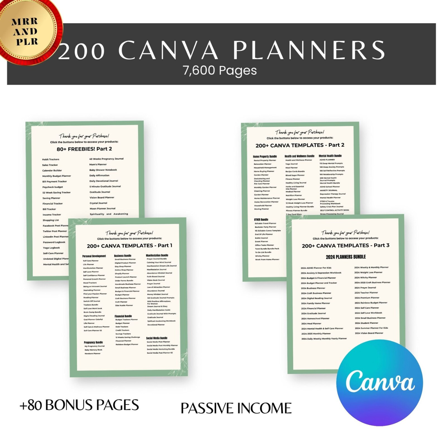 7600+ Pages PLR Canva Template Bundle, 200 Canva PLR Templates, Planners, Journals, Trackers, Printable, Master Resell Rights, PLR Product