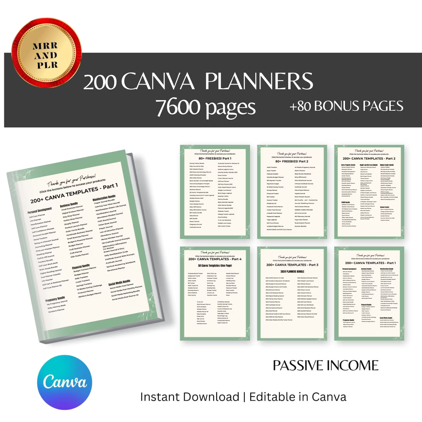 7600+ Pages PLR Canva Template Bundle, 200 Canva PLR Templates, Planners, Journals, Trackers, Printable, Master Resell Rights, PLR Product